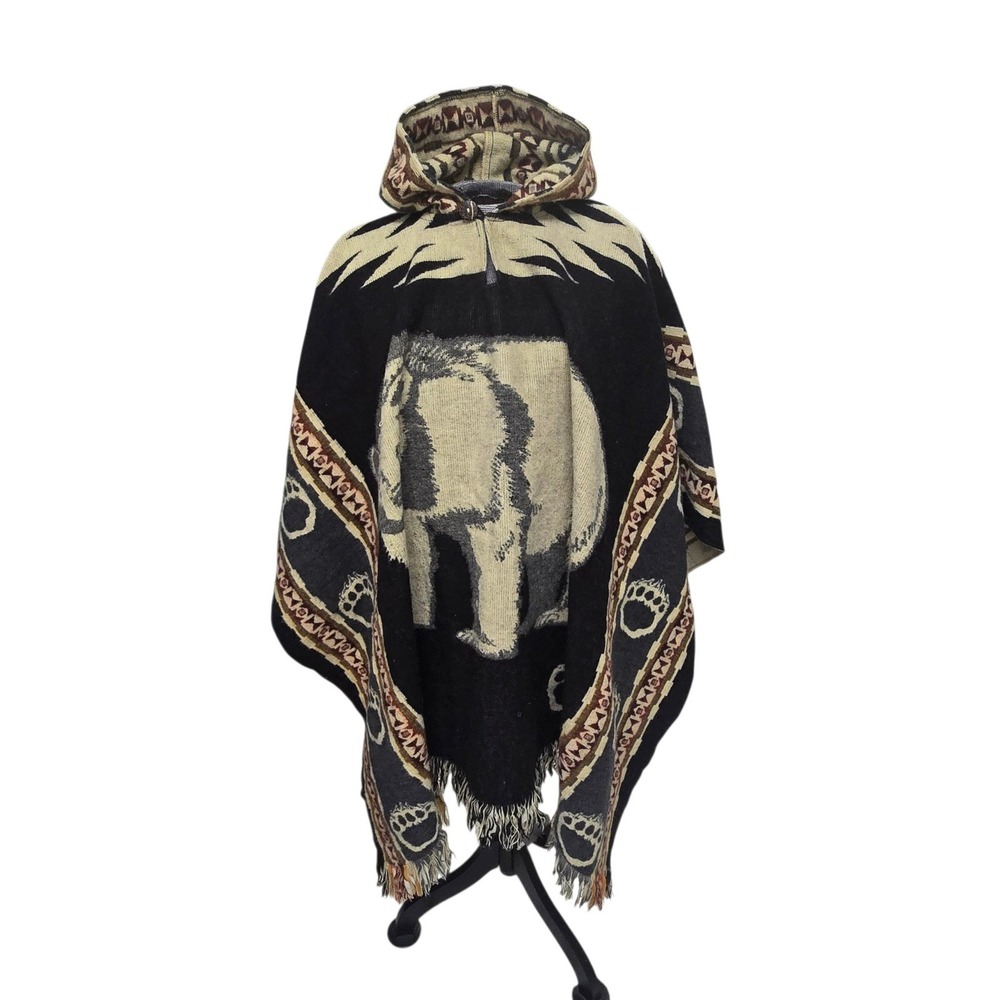 Vtg 90s Sisandina Wool Hooded Bear Poncho Ecaudor Southwestern Fringe Excellent